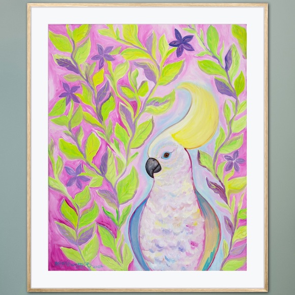 Fine Art by Aren Dummer Other - Cockatoo Hairdo Art Print Oil Painting tropical bird plants flowers whimsical